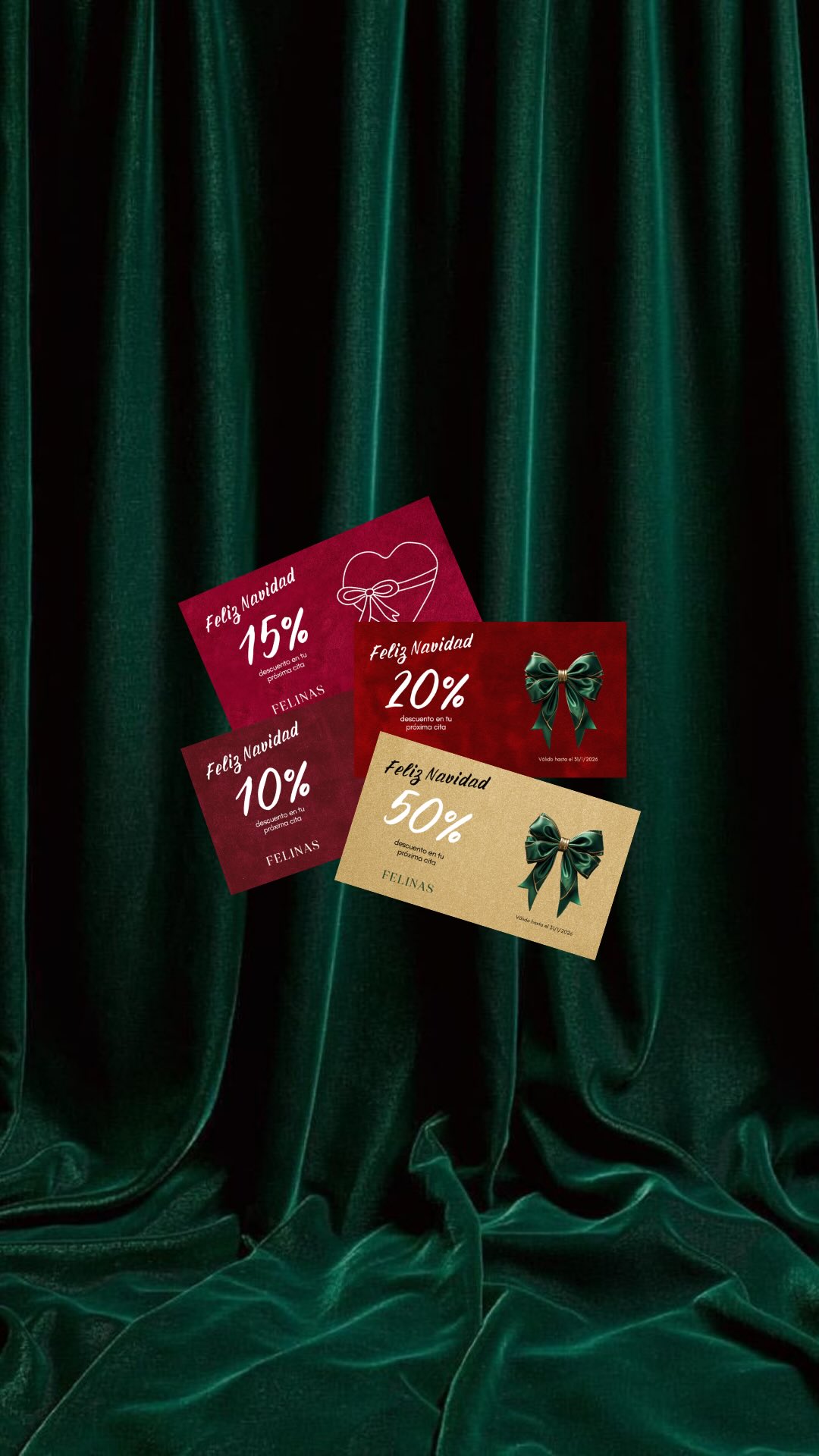 Diciembre llega con sorpresas en Felinas 🎁

Hemos preparado nuestro calcetín navideño lleno de tickets con descuentos exclusivos pensados para vosotras, para agradeceros cada visita, cada momento compartido y confianza.

Solo tienes que venir a tu cita, disfrutar tu tratamiento y al finalizar, te llevas tu regalo 💚

Porque ser parte de Felinas siempre tiene recompensa ✨